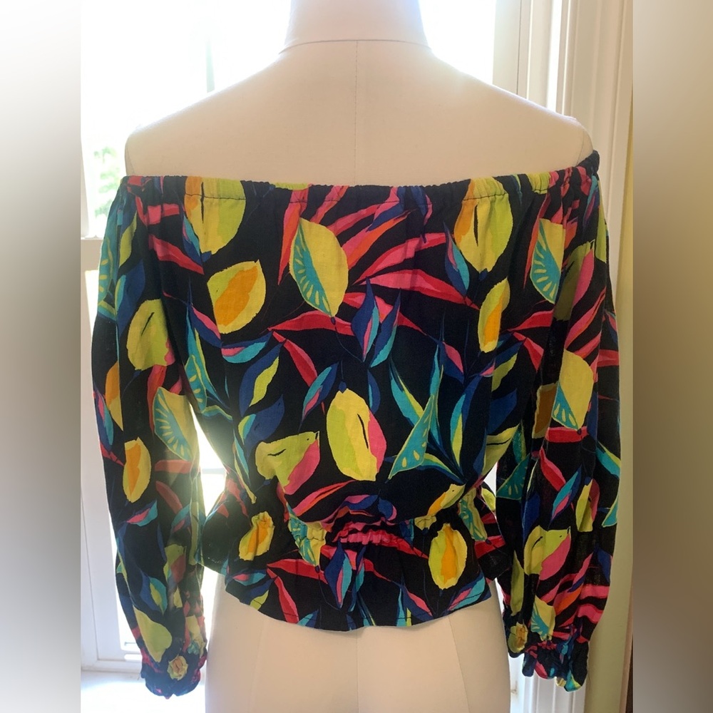 Tabitha Brown  S Off-Shoulder Peplum  Black Lemony 3/4 Sleeve, Linen Blend - Picture 3 of 7